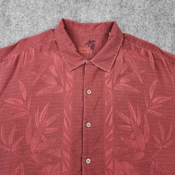 Tommy Bahama Shirt Mens XL Red Burgundy Silk Tahitian Border Camp Loop Collar - Picture 9 of 16